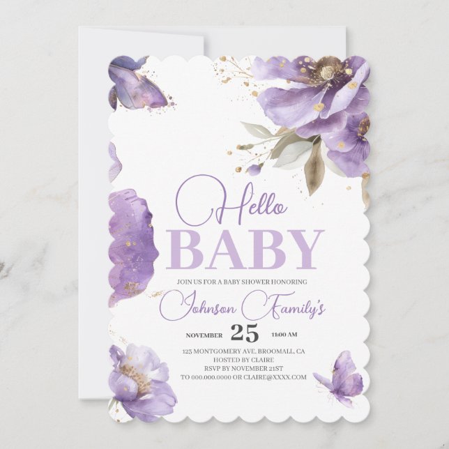 Lila Butterfly-Babydusche, Blume Einladung (Vorderseite)
