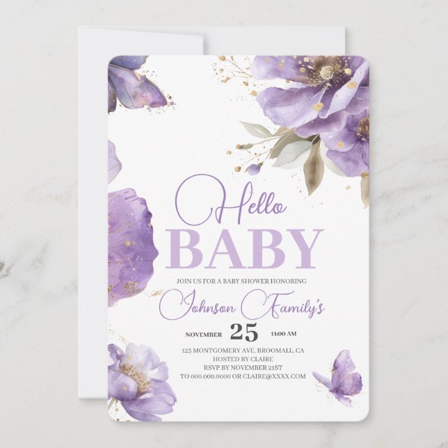 Lila Butterfly-Babydusche, Blume Einladung (Vorderseite)