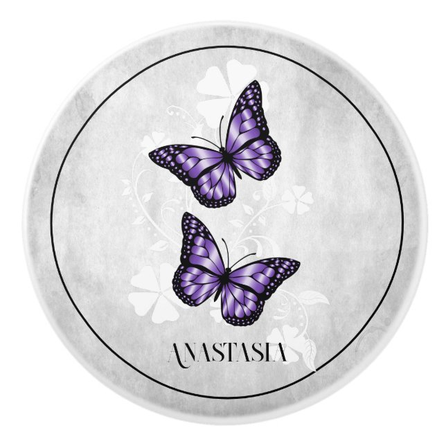 Lila Butterfly-Blumenknochen Personalisierte Keram Keramikknauf (Vorderseite)