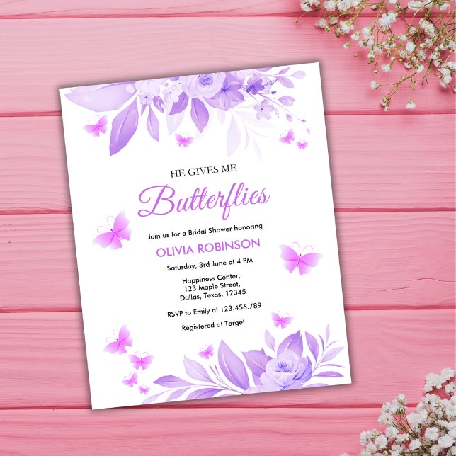 Lila Butterfly Bridal Dusche Einladung (Budget He Gives Me Butterflies Purple Bridal Shower Invitation)
