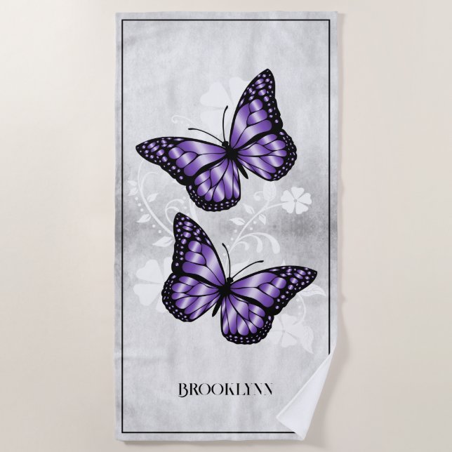 Lila Butterfly Floral Beach Handtuch (Vorderseite)