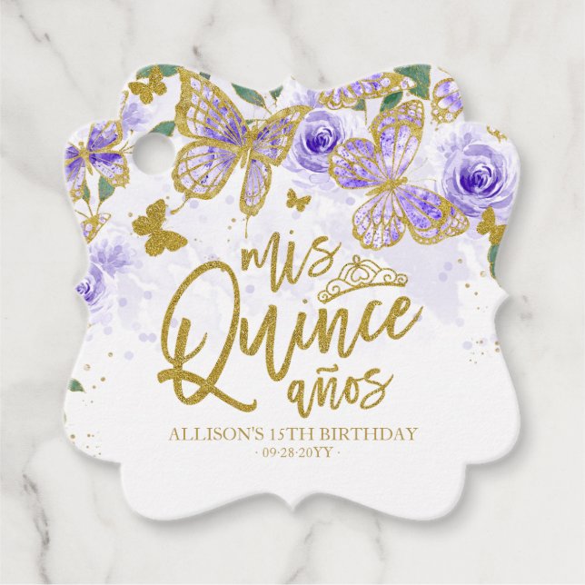 Lila Butterfly Floral Quinceanera Party Geschenkanhänger (Vorderseite)
