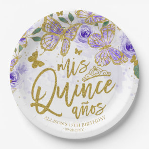 Lila Butterfly Floral Quinceanera Party Pappteller