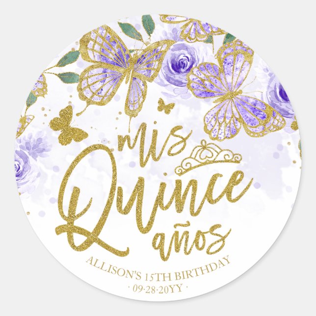 Lila Butterfly Floral Quinceanera Party Runder Aufkleber (Vorderseite)