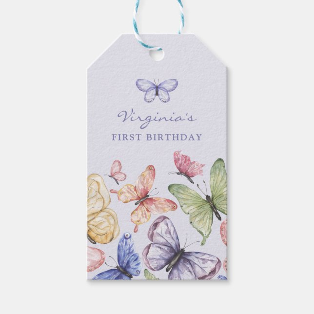 Lila Butterfly Geburtstag Geschenkanhänger (Vorderseite)