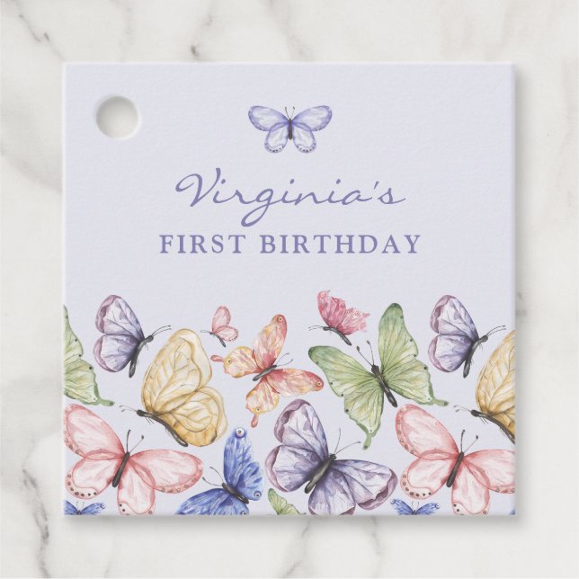 Lila Butterfly Geburtstag Geschenkanhänger (Vorderseite)