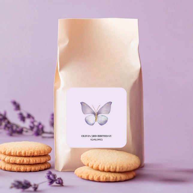 Lila Butterfly Geburtstagsparty Quadratischer Aufkleber (Von Creator hochgeladen)