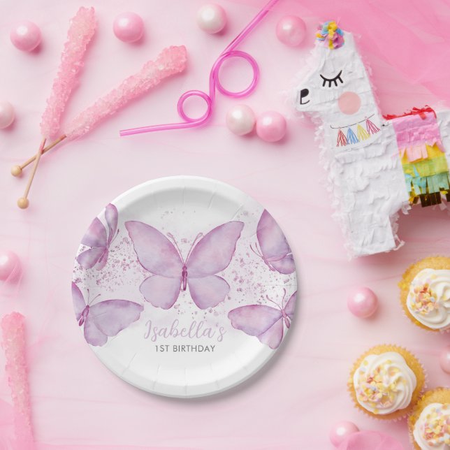 Lila Butterfly Girl 1. Geburtstagspapier Pappteller (Party)