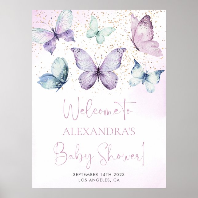 Lila Butterfly Girl Babydusche Begrüßungszeichen Poster (Vorne)