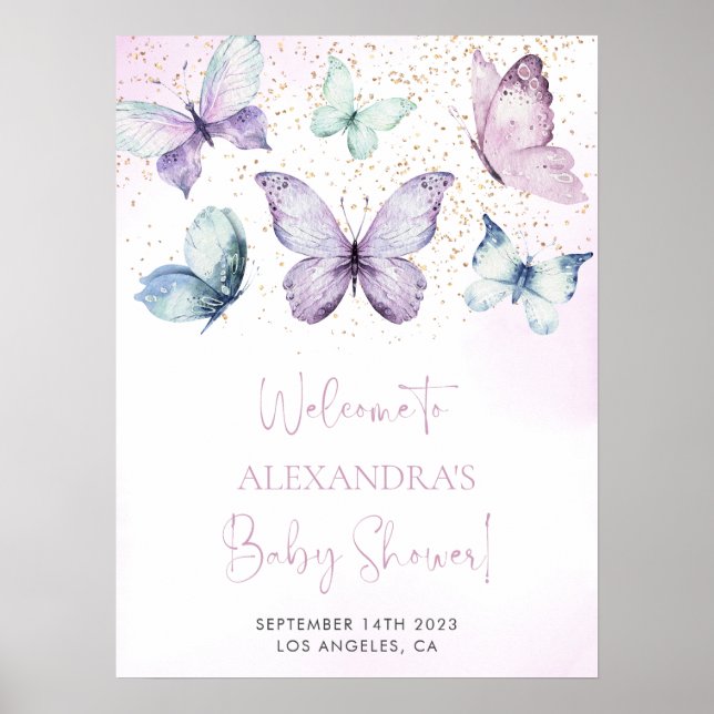 Lila Butterfly Girl Babydusche Begrüßungszeichen Poster (Vorne)