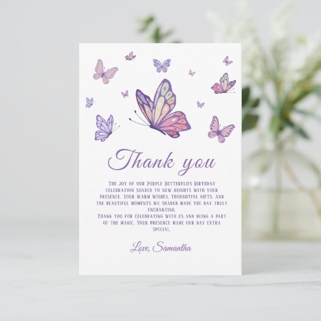 Lila Butterfly Girl Geburtstag Dankeskarte (Stehend Vorderseite)