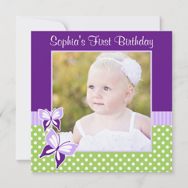 Lila Butterfly Green Polka Dot Birthday Foto Einladung (Vorderseite)