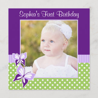 Lila Butterfly Green Polka Dot Birthday Foto Einladung