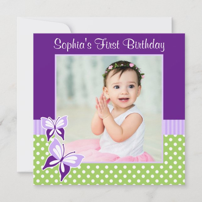 Lila Butterfly Green Polka Dot Birthday Foto Einladung (Vorderseite)