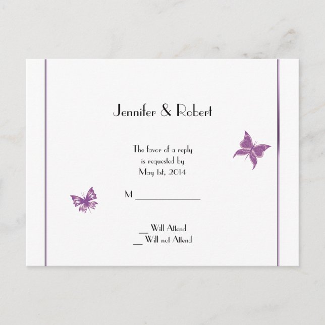Lila Butterfly-Herz-Hochzeit RSVP Postkarte (Vorderseite)