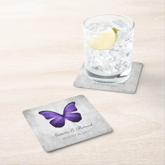 Lila Butterfly-Hochzeitspapier-Untersetzer Rechteckiger Pappuntersetzer (Vor Ort)
