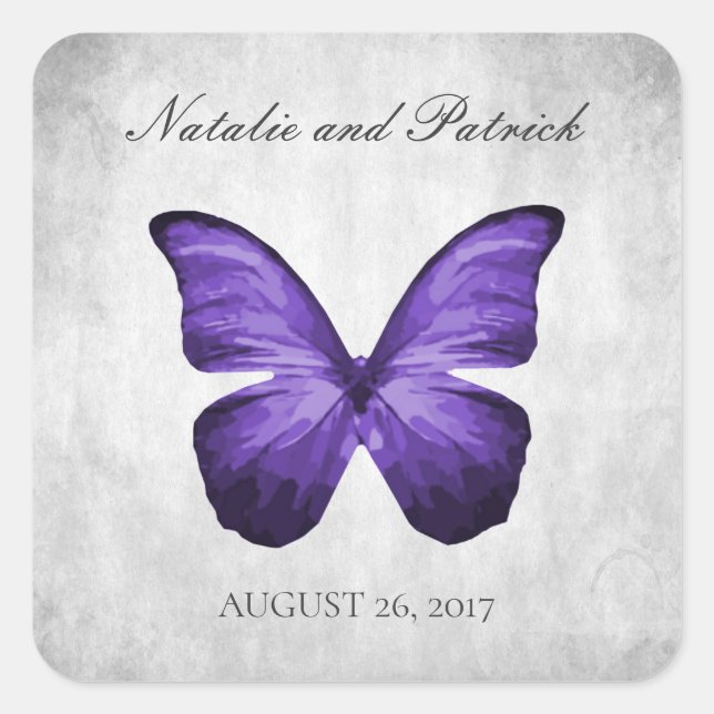 Lila Butterfly-Hochzeitsticker Quadratischer Aufkleber (Vorderseite)