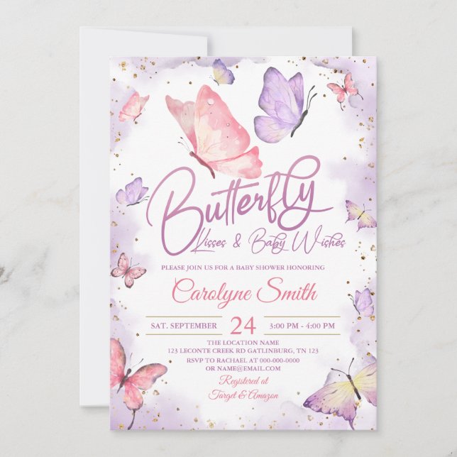 Lila Butterfly Kisses & Baby wünscht Baby Dusche Einladung (Vorderseite)