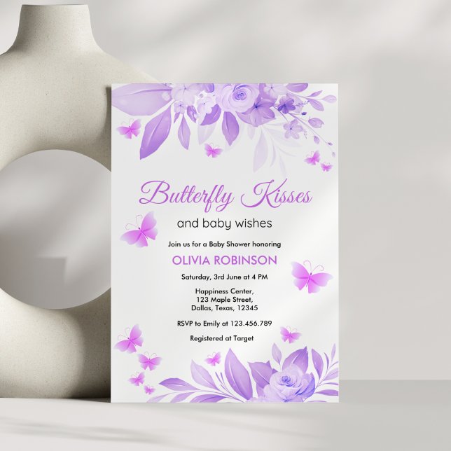 Lila Butterfly Kisses & Baby wünscht Baby Dusche Einladung (Purple Butterfly Kisses & Baby Wishes Baby Shower Invitation )