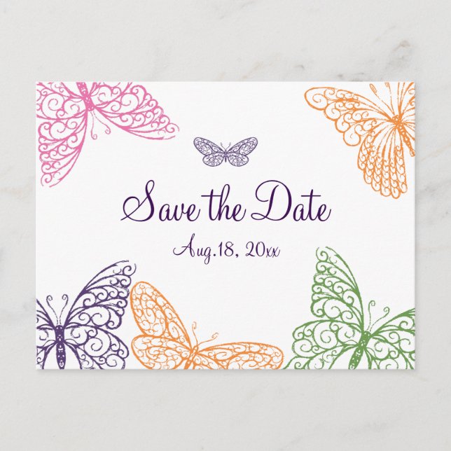 Lila Butterfly Kisses Save the Date Ankündigungspostkarte (Vorderseite)