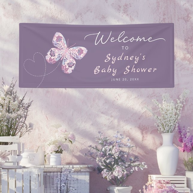 Lila Butterfly Personalisiert Babydusche Empfang Banner (Shown on a 2.5' x 6' banner)
