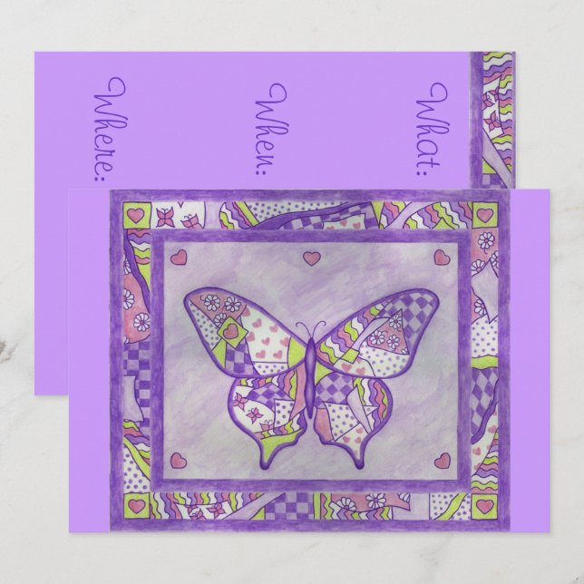 Lila Butterfly-Quilt-Einladung Einladung (Vorne/Hinten)