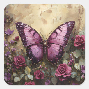 Lila Butterfly Rose Bush Malerei Quadratischer Aufkleber
