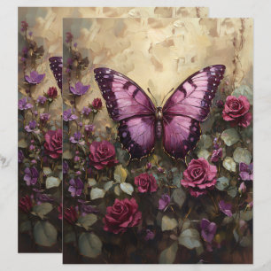 Lila Butterfly Rose Bush Scrapbook Paper