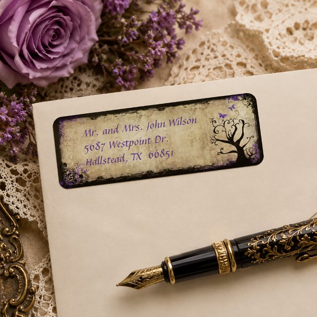 Lila Butterfly-Vintager Rücksendeadresse (Purple Butterfly Tree Vintage Return Address Label)