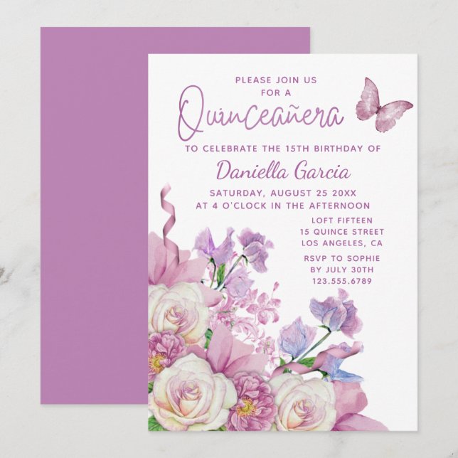 Lila Butterfly Wasserfarbe Quinceñera Einladung (Vorne/Hinten)