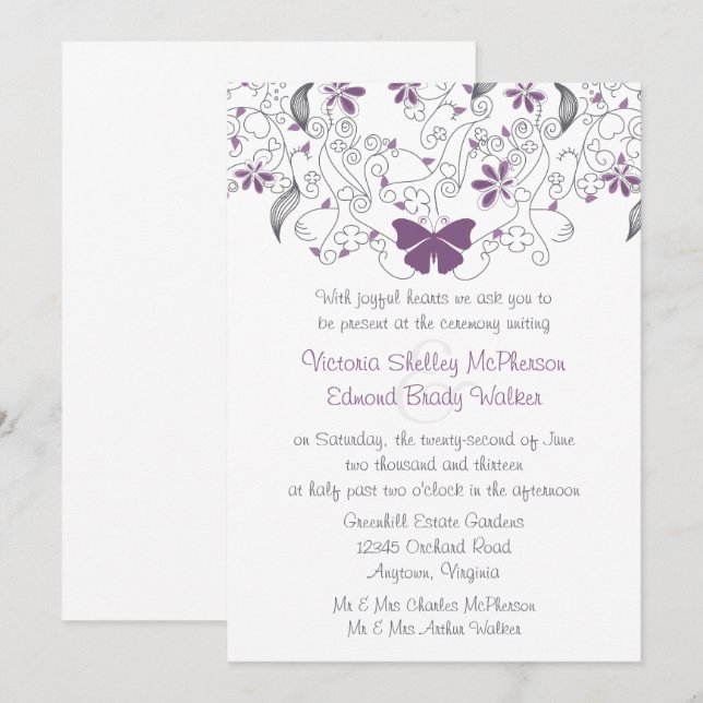 Lila Butterfly Whimsy-Einladung Einladung (Vorne/Hinten)