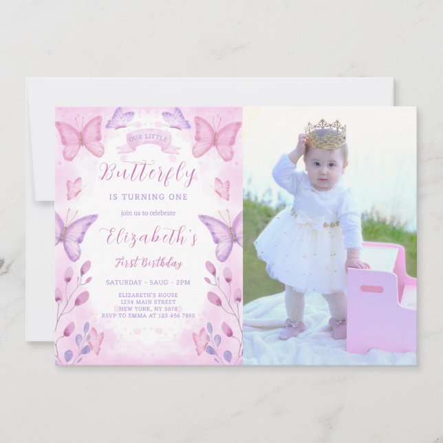 Lila Butterfly zum Geburtstag Einladung mit Foto (Vorderseite)