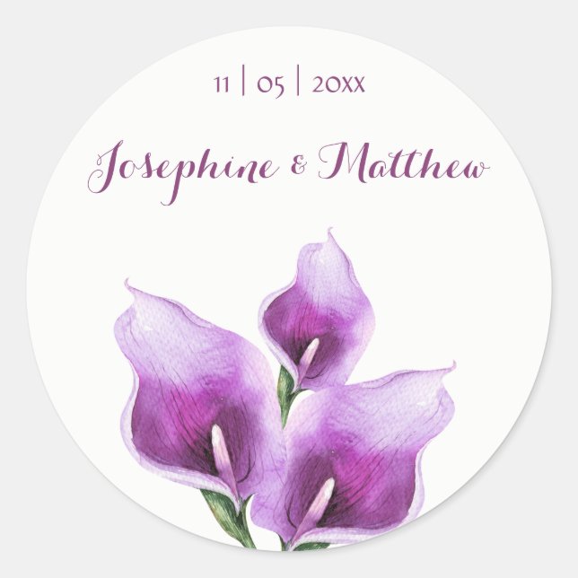 Lila Calla Lilien Wasserfarbe Hochzeitskleber Runder Aufkleber (Vorderseite)