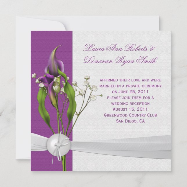 Lila Calla Lilies White Damask Post Hochzeit Einladung (Vorderseite)