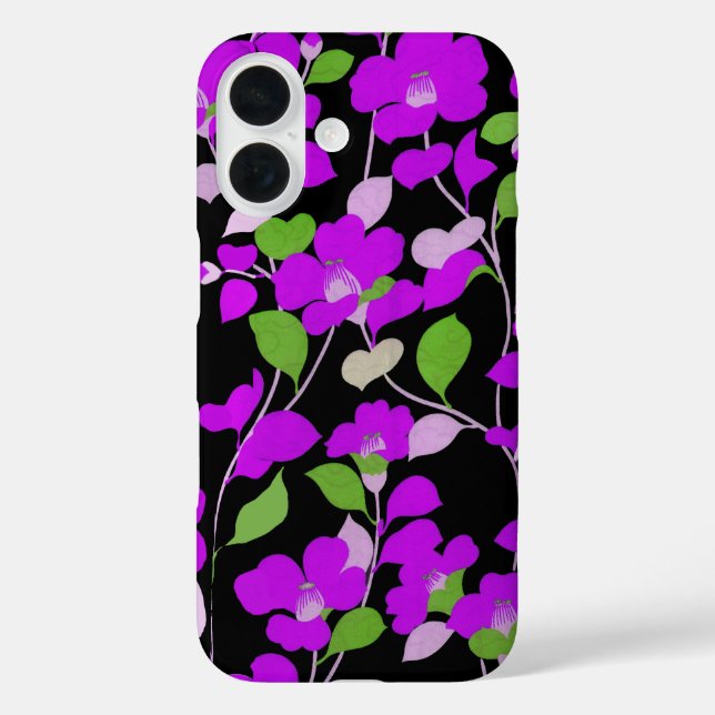 LILA CAMELLIAS, WEISSE GRÜNE BLÄTTER BLACK floral iPhone 16 Hülle (Rückseite)