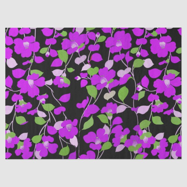 LILA CAMELLIAS, WEISSE GRÜNE BLÄTTER BLACK floral Seidenpapier (Vorderseite)