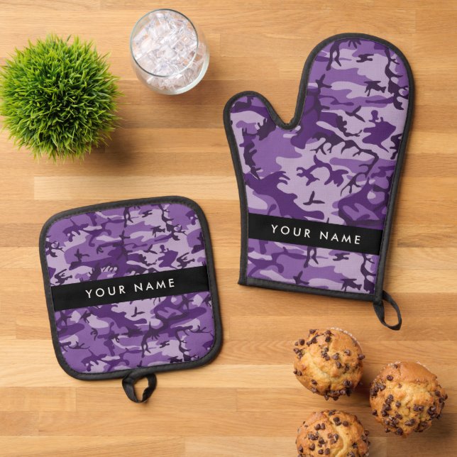 Lila Camouflage Ihr Name personalisieren Ofenhandschuh & Topflappen-Set (Oben Unten)