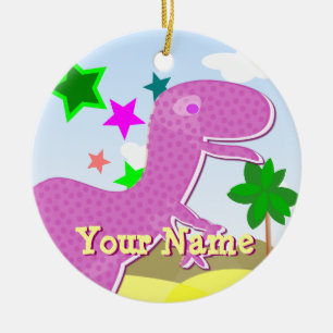 Lila Cartoon-Dinosaurier-Verzierung mit Namen Keramik Ornament