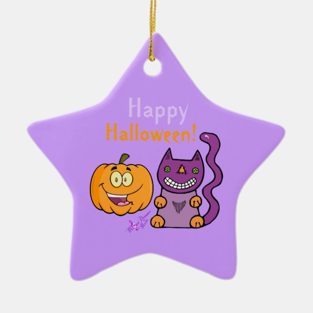 Lila Cat & Pumpkin Happy Halloween Star Ornament (Vorne)