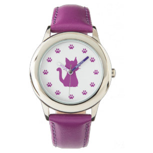 Lila Cat-Silhouette mit Paws als Zahlen Armbanduhr