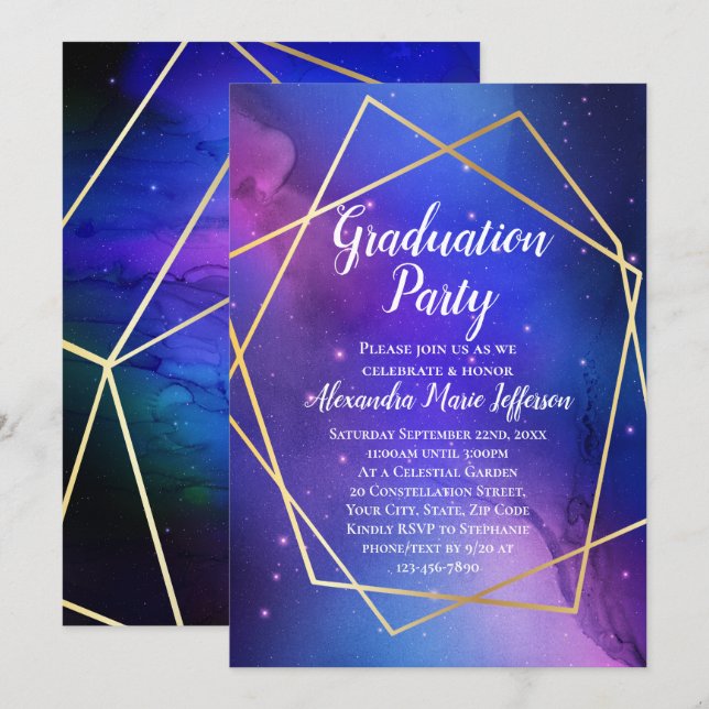 Lila Celestial Geometric Gold Graduation Party Einladung (Vorne/Hinten)
