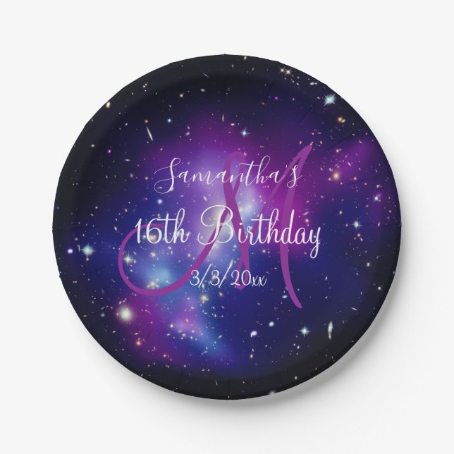 Lila Celestial Monogram Birthday Pappteller (Vorderseite)