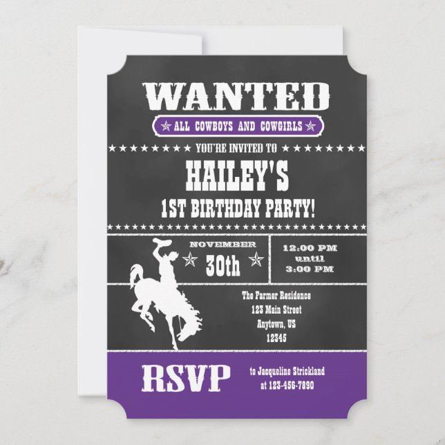 Lila Chalkboard Cowboy Einladung zum Geburtstag (Vorderseite)