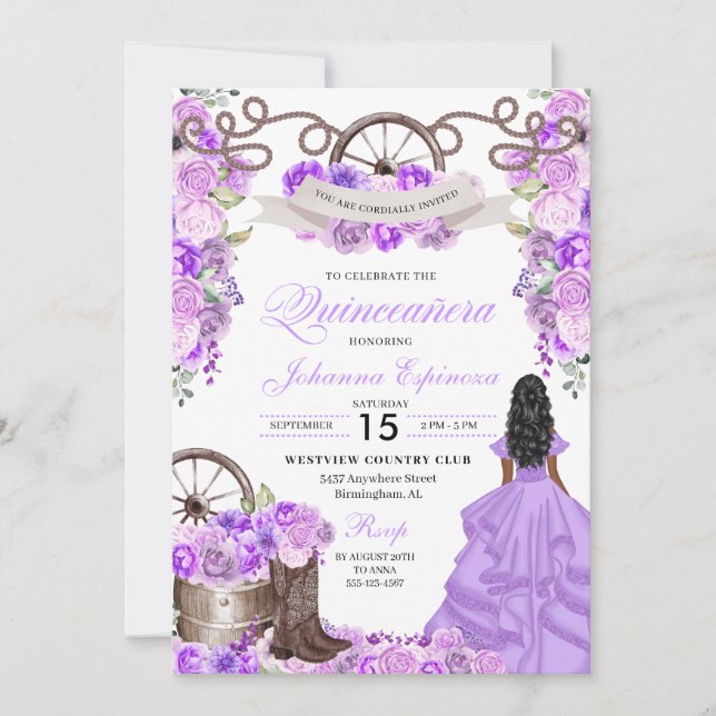 Lila Charra Princess Western Quinceanera Einladung (Vorderseite)