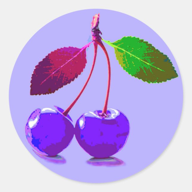Lila Cherry Pop Art Runder Aufkleber (Vorderseite)