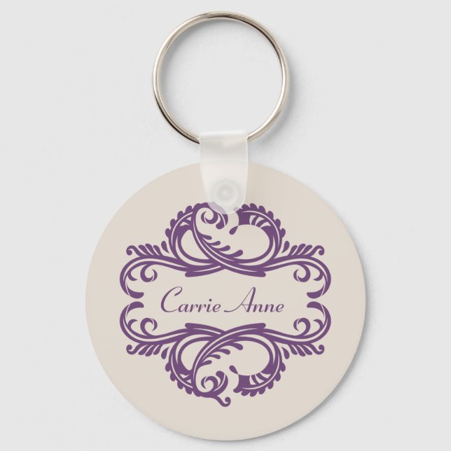 Lila Chic Damask Schlüsselanhänger (Vorderseite)