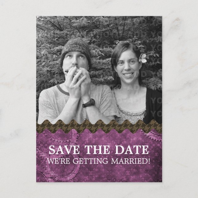 Lila Chic Steampunk Foto Save the Date Postkarte (Vorderseite)