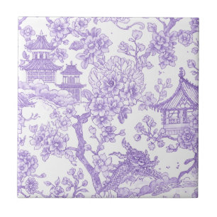 Lila Chinoiserie-Toile-Drache Kirschblüte Fliese