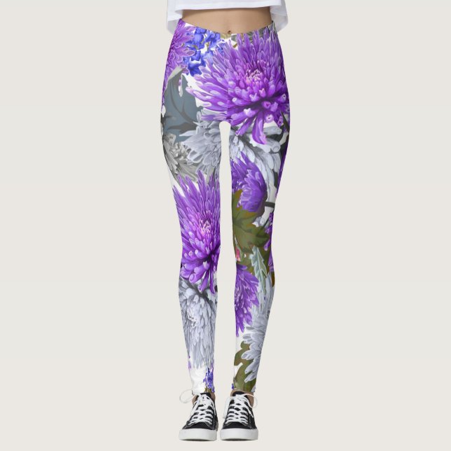 Lila Chrysanthemen Leggings (Vorderseite)