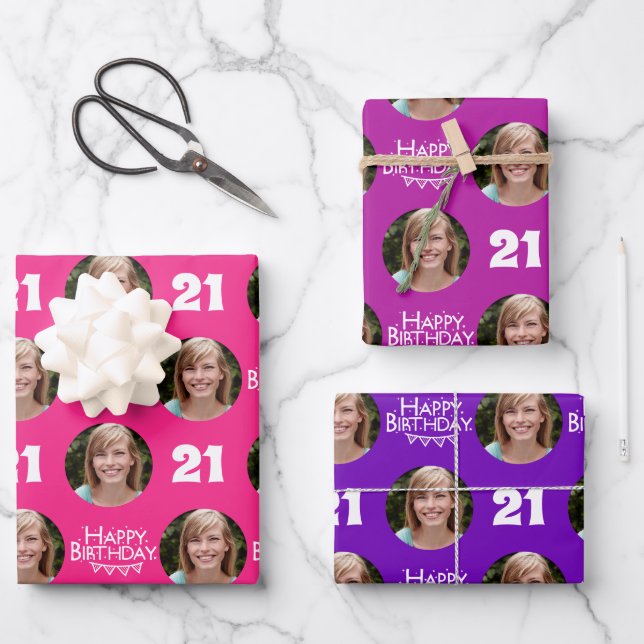 Lila Circle Foto Happy Birthday Geschenkpapier Set (Vorderseite)